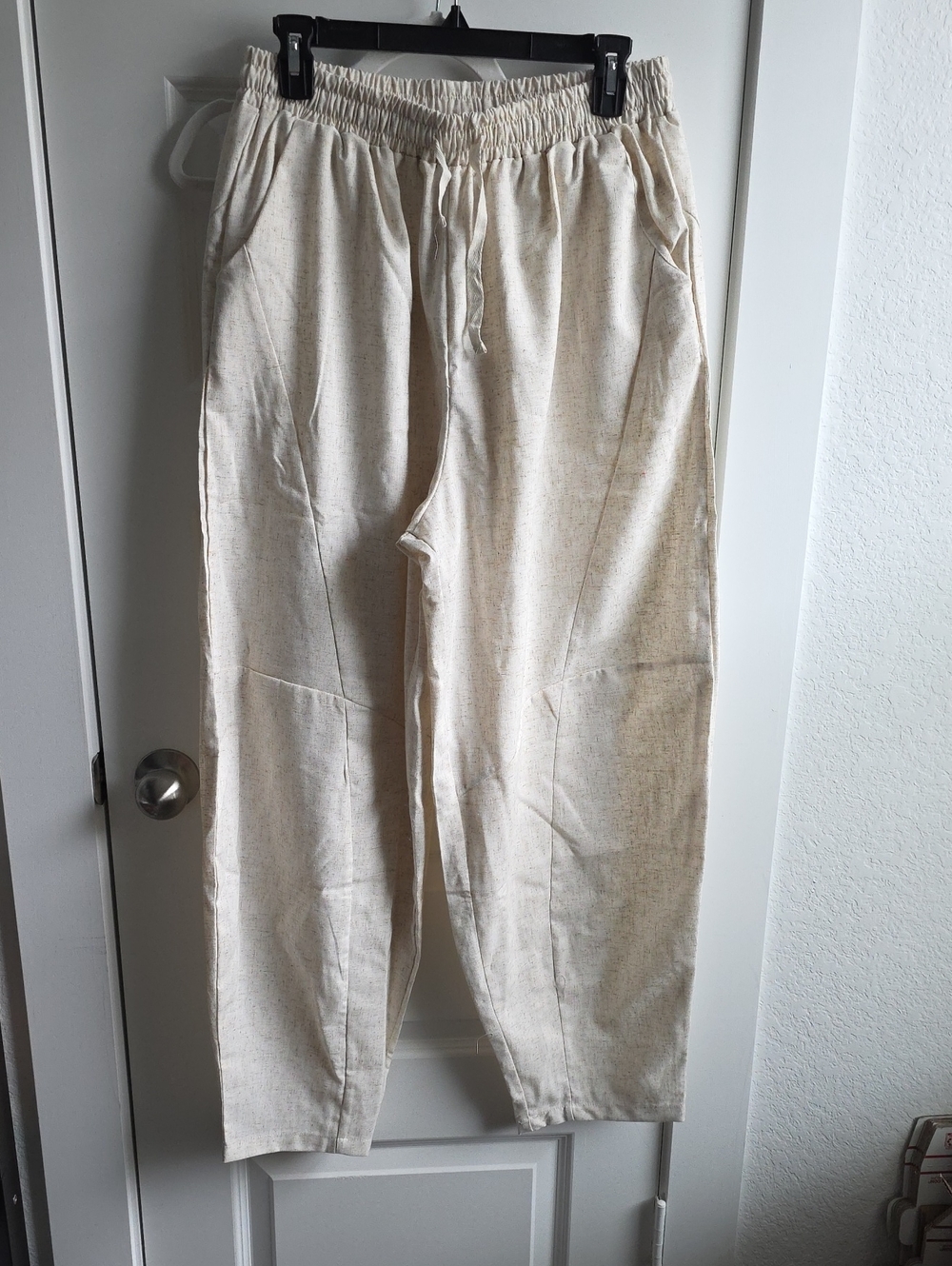 Womans Cream Drawstring Casual Linen Cotton Blend Large Otameal Color G084